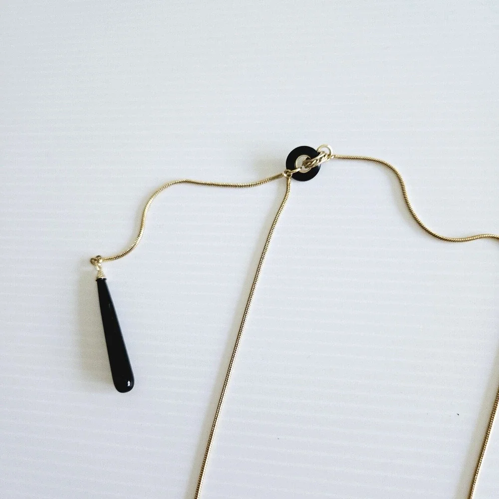 Liz Claiborne Necklace Goldtone Y Drop Chain Black Teardrop Pendant Modern Sleek